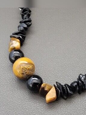 Vintage Tiger’s Eye & Black Onyx Style Chip Bead Necklace | Earth Tone Gemstone